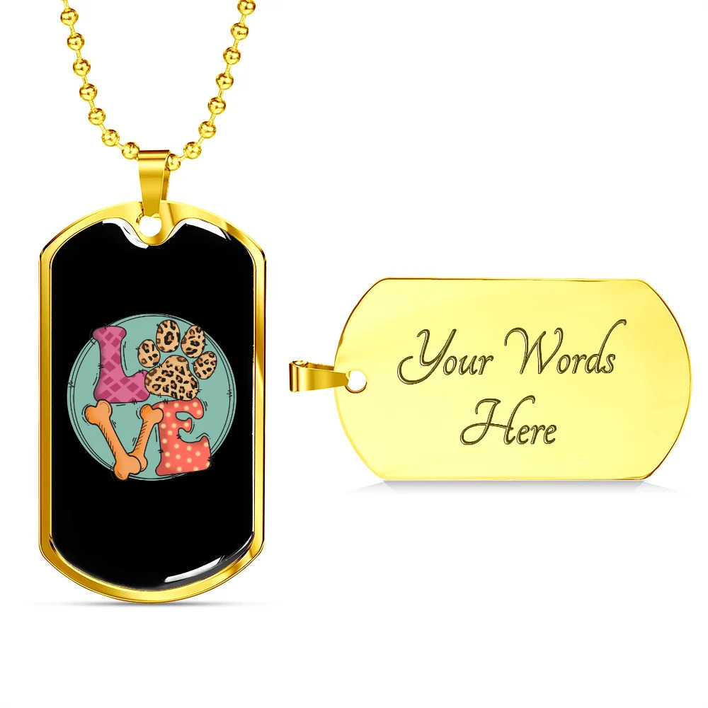 Love Dog Paw Personalized Engraved Gold Dog Tag Necklace Custom Name Date Gift
